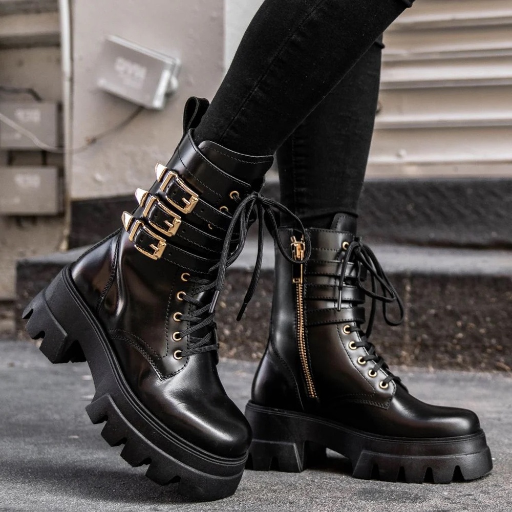 Thursday Boot Company Black Leather Combat Boots with Gold Buckles